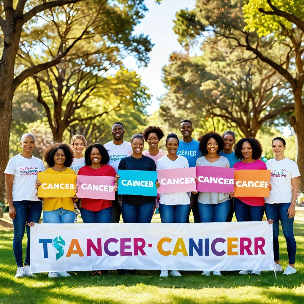 A diverse group of people standing united, holding colorful banners that promote cancer awareness, surrounded by a vibrant park, with ribbons and symbols of hope in the background. Their expressions convey determination and empowerment, with sunlight filtering through the trees. The color palette is warm and inviting. super-realistic. vibrant colors. white background.