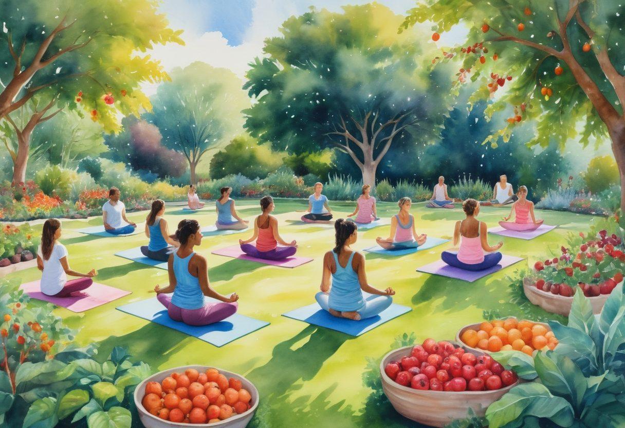 A serene landscape featuring a diverse group of people practicing yoga in a lush garden, surrounded by vibrant fruits and vegetables representing nutrition. In the background, a supportive community gathering showcases empowerment and knowledge sharing. Soft, calming colors dominate the scene to evoke peace and hope. Inspirational quotes about health and empowerment can be subtly integrated into the atmosphere. watercolor painting. vibrant colors.