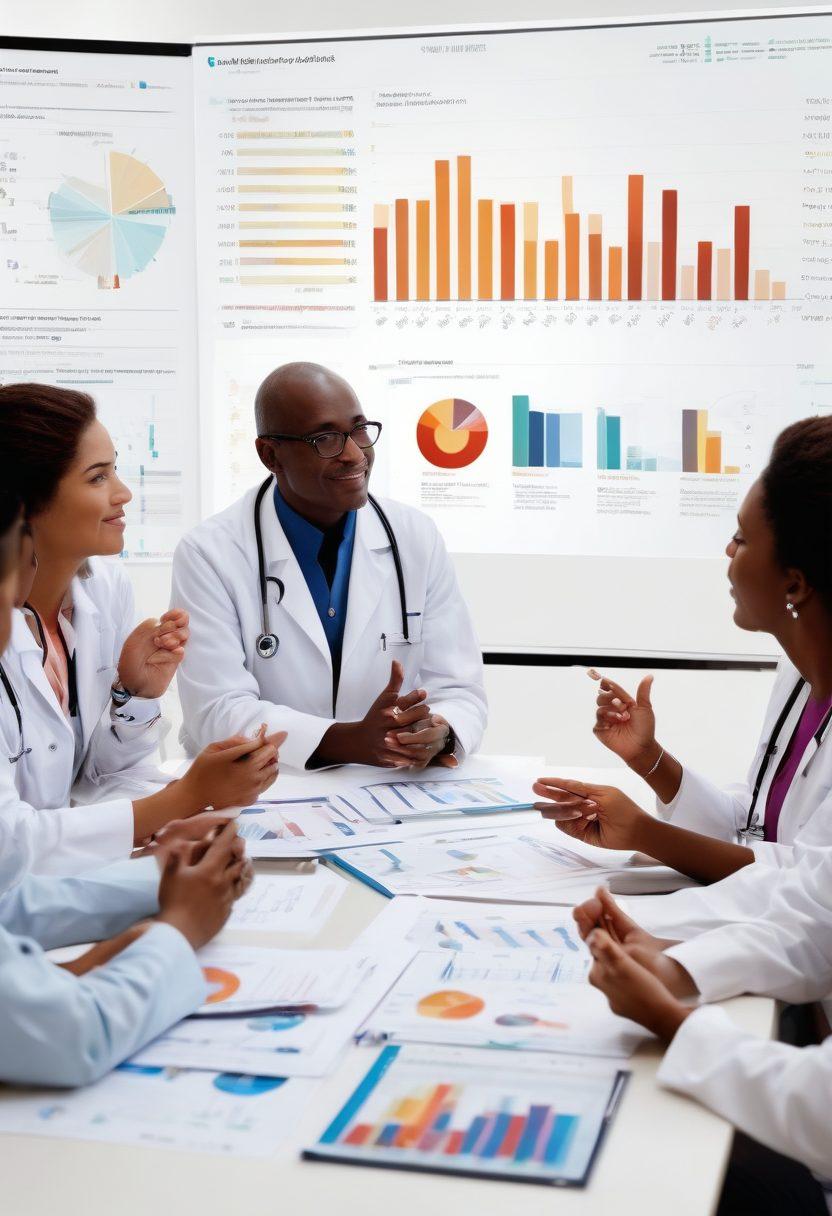 A diverse group of patients in a supportive group setting, engaging in discussions with healthcare professionals. Visual elements include charts and graphs representing research data on a screen in the background, hands holding supportive resources, and a warm, inviting atmosphere. Highlight expressions of hope and empowerment on the patients' faces. super-realistic. vibrant colors. white background.